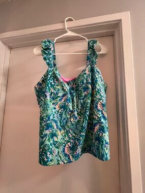 Lilly Pulitzer Luxletic Green Teal Floral Ruffle Strap Tank Top